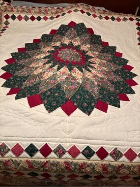 Handcrafted Floral Star Quilt Top in Green and Red